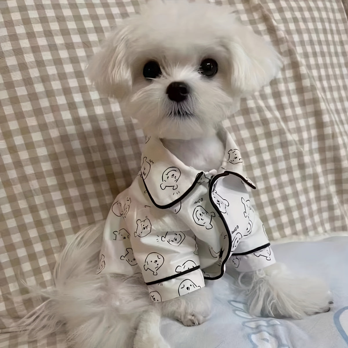 Cozy Cartoon Cat Pattern Pet Sleepwear - Soft, Breathable, Spring\u002FSummer Style for Small Cat & Dog Breeds, Bichon, Maltese, Teddy - Comfortable Home Apparel for Pets